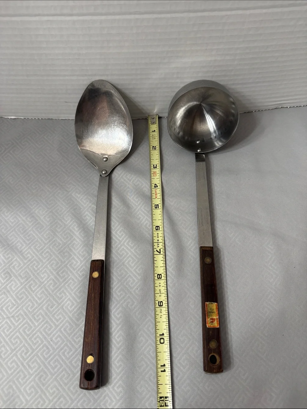 Vintage Mid Century Stainless Soup Ladle & Serving Spoon Wood Handle Taiwan 2 Pc